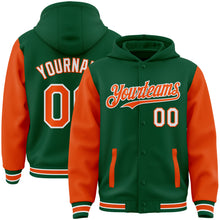 Load image into Gallery viewer, Custom Kelly Green Orange-White Bomber Full-Snap Varsity Letterman Two Tone Hoodie Jacket