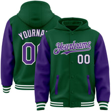 Load image into Gallery viewer, Custom Kelly Green Purple-White Bomber Full-Snap Varsity Letterman Two Tone Hoodie Jacket