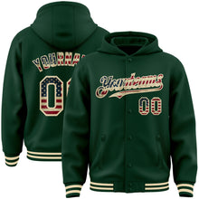 Load image into Gallery viewer, Custom Green Vintage USA Flag-Cream Bomber Full-Snap Varsity Letterman Hoodie Jacket
