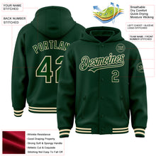 Load image into Gallery viewer, Custom Green Cream Bomber Full-Snap Varsity Letterman Hoodie Jacket