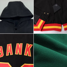 Load image into Gallery viewer, Custom Green Gold-Black Bomber Full-Snap Varsity Letterman Hoodie Jacket