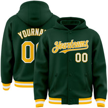 Load image into Gallery viewer, Custom Green Gold-White Bomber Full-Snap Varsity Letterman Hoodie Jacket
