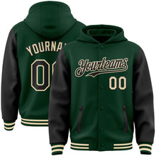Load image into Gallery viewer, Custom Green Black-Cream Bomber Full-Snap Varsity Letterman Two Tone Hoodie Jacket