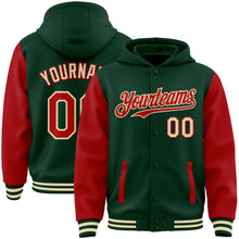Load image into Gallery viewer, Custom Green Red-Cream Bomber Full-Snap Varsity Letterman Two Tone Hoodie Jacket
