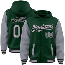 Load image into Gallery viewer, Custom Green Gray-Black Bomber Full-Snap Varsity Letterman Two Tone Hoodie Jacket