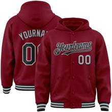Load image into Gallery viewer, Custom Crimson Black-Gray Bomber Full-Snap Varsity Letterman Hoodie Jacket