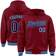 Load image into Gallery viewer, Custom Crimson Navy-Light Blue Bomber Full-Snap Varsity Letterman Hoodie Jacket