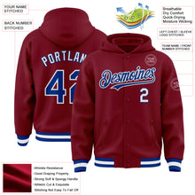 Load image into Gallery viewer, Custom Crimson Royal-White Bomber Full-Snap Varsity Letterman Hoodie Jacket