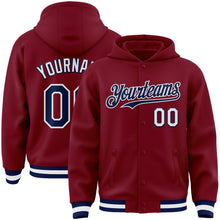 Load image into Gallery viewer, Custom Crimson Navy-White Bomber Full-Snap Varsity Letterman Hoodie Jacket