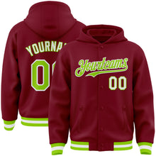 Load image into Gallery viewer, Custom Crimson Neon Green-White Bomber Full-Snap Varsity Letterman Hoodie Jacket