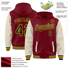 Load image into Gallery viewer, Custom Crimson Black Cream-Gold Bomber Full-Snap Varsity Letterman Two Tone Hoodie Jacket