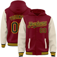 Load image into Gallery viewer, Custom Crimson Black Cream-Gold Bomber Full-Snap Varsity Letterman Two Tone Hoodie Jacket