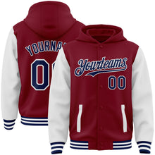 Load image into Gallery viewer, Custom Crimson Navy-White Bomber Full-Snap Varsity Letterman Two Tone Hoodie Jacket