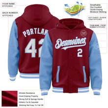 Load image into Gallery viewer, Custom Crimson White-Light Blue Bomber Full-Snap Varsity Letterman Two Tone Hoodie Jacket