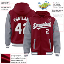 Load image into Gallery viewer, Custom Crimson White-Gray Bomber Full-Snap Varsity Letterman Two Tone Hoodie Jacket