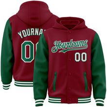 Load image into Gallery viewer, Custom Crimson Kelly Green-White Bomber Full-Snap Varsity Letterman Two Tone Hoodie Jacket