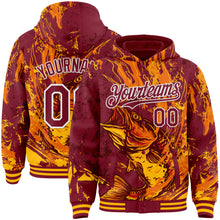Load image into Gallery viewer, Custom Crimson Gold-White Largemouth Bass Fish Fishing 3D Bomber Full-Snap Varsity Letterman Hoodie Jacket
