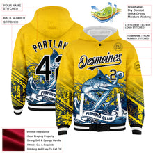 Load image into Gallery viewer, Custom Gold Black-White Marlin Fish Fishing 3D Bomber Full-Snap Varsity Letterman Hoodie Jacket