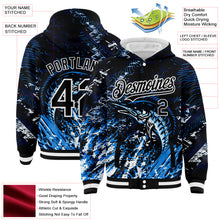 Load image into Gallery viewer, Custom Navy Black-White Marlin Fish Fishing 3D Bomber Full-Snap Varsity Letterman Hoodie Jacket