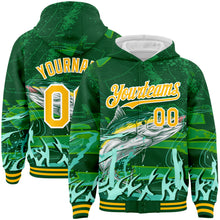 Load image into Gallery viewer, Custom Green Gold-White Tuna Fish Fishing 3D Bomber Full-Snap Varsity Letterman Hoodie Jacket