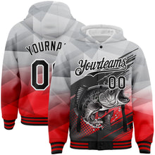 Load image into Gallery viewer, Custom Gray Black-Red Largemouth Bass Fish Fishing 3D Bomber Full-Snap Varsity Letterman Hoodie Jacket