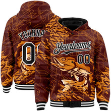 Load image into Gallery viewer, Custom Brown Black-White Largemouth Bass Fish Fishing 3D Bomber Full-Snap Varsity Letterman Hoodie Jacket