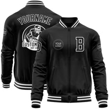 Load image into Gallery viewer, Custom Black White Bomber Varsity Letterman Zipper Jacket