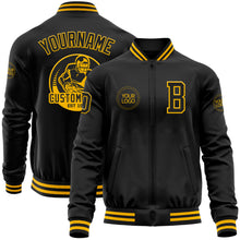 Load image into Gallery viewer, Custom Black Gold Bomber Varsity Letterman Zipper Jacket