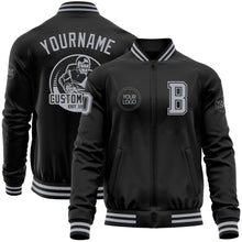 Load image into Gallery viewer, Custom Black Gray Bomber Varsity Letterman Zipper Jacket