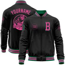 Load image into Gallery viewer, Custom Black Pink-Kelly Green Bomber Varsity Letterman Zipper Jacket
