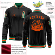 Load image into Gallery viewer, Custom Black Kelly Green-Orange Bomber Varsity Letterman Zipper Jacket