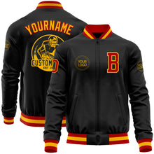 Load image into Gallery viewer, Custom Black Red-Gold Bomber Varsity Letterman Zipper Jacket
