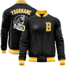 Load image into Gallery viewer, Custom Black Gold-White Bomber Varsity Letterman Zipper Jacket