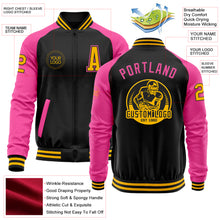 Load image into Gallery viewer, Custom Black Gold-Pink Bomber Varsity Letterman Two Tone Zipper Jacket