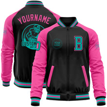 Load image into Gallery viewer, Custom Black Aqua-Pink Bomber Varsity Letterman Two Tone Zipper Jacket