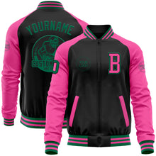 Load image into Gallery viewer, Custom Black Kelly Green-Pink Bomber Varsity Letterman Two Tone Zipper Jacket