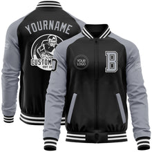 Load image into Gallery viewer, Custom Black Gray-White Bomber Varsity Letterman Two Tone Zipper Jacket