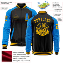 Load image into Gallery viewer, Custom Black Gold-Powder Blue Bomber Varsity Letterman Two Tone Zipper Jacket