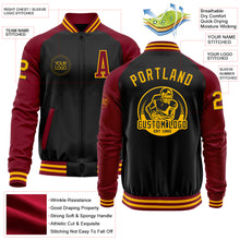 Load image into Gallery viewer, Custom Black Gold-Crimson Bomber Varsity Letterman Two Tone Zipper Jacket
