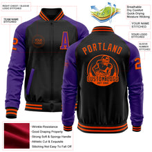 Load image into Gallery viewer, Custom Black Orange-Purple Bomber Varsity Letterman Two Tone Zipper Jacket