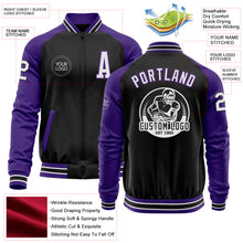 Load image into Gallery viewer, Custom Black White-Purple Bomber Varsity Letterman Two Tone Zipper Jacket