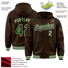 Load image into Gallery viewer, Custom Brown Green-Cream Bomber Full-Snap Varsity Letterman Hoodie Jacket