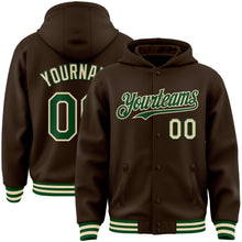 Load image into Gallery viewer, Custom Brown Green-Cream Bomber Full-Snap Varsity Letterman Hoodie Jacket