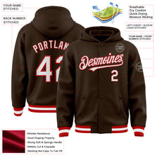 Load image into Gallery viewer, Custom Brown White-Red Bomber Full-Snap Varsity Letterman Hoodie Jacket