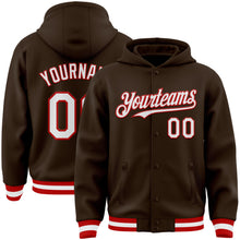 Load image into Gallery viewer, Custom Brown White-Red Bomber Full-Snap Varsity Letterman Hoodie Jacket