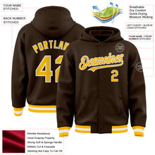 Load image into Gallery viewer, Custom Brown Gold-White Bomber Full-Snap Varsity Letterman Hoodie Jacket