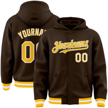 Load image into Gallery viewer, Custom Brown Gold-White Bomber Full-Snap Varsity Letterman Hoodie Jacket