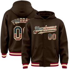 Load image into Gallery viewer, Custom Brown Vintage USA Flag Cream-Maroon Bomber Full-Snap Varsity Letterman Hoodie Jacket