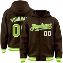 Load image into Gallery viewer, Custom Brown Neon Green-White Bomber Full-Snap Varsity Letterman Hoodie Jacket