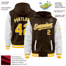 Load image into Gallery viewer, Custom Brown Gold-White Bomber Full-Snap Varsity Letterman Two Tone Hoodie Jacket